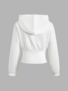SHEIN 少女短款連帽開襟衛衣外套，白色保暖內裡，秋冬新款 - 白色 - 查看 2
