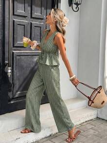 Serisse Casual Minimalist Green Striped Women's 2 Pieces Set Suitable For Summer - Green - View 7