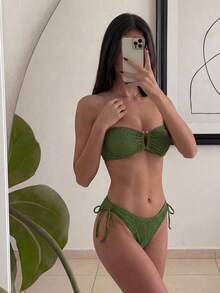 Swim Vcay Women's Summer Beach Resort Style Solid Color Textured Fabric Ruched Bust Bikini Swimwear Green - Army Green - View 5