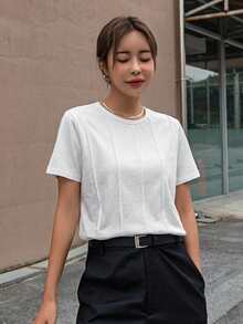 DAZY 夏季拼接白色打底上衣休閒基礎款寬鬆度假短袖女款T恤日常上學穿搭 - 白色 - 查看 4