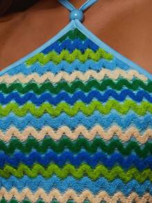 MUSERA Beaded Detail Textured Light Blue Fitted Triangle Halterneck Top Coord Top Only Summer Spring Beach Boho - Blue - View 6