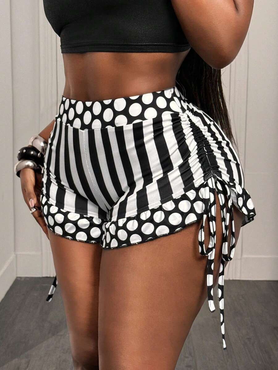 BamGleam Women's Polka Dot & Striped Print Side Drawstring Shorts