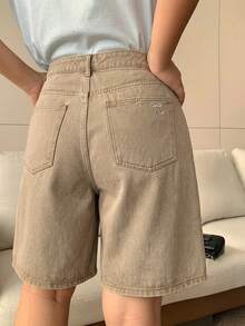 Dazy Plus Khaki Back Pocket Bow Embroidery Straight Leg Knee Length Denim Shorts Spring/Summer Back-To-School Date Night Hiking Casual - Camel - View 6
