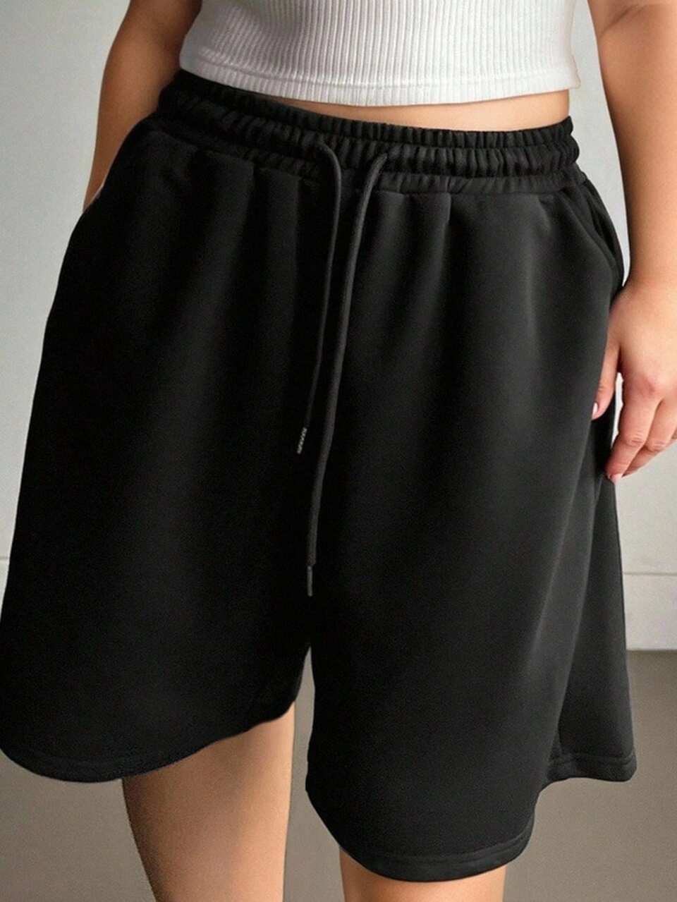 Dazy Tall Curve Tall Plus Size Drawstring Elastic Waist Sports Casual Cowboy Shorts Summer Office Black
