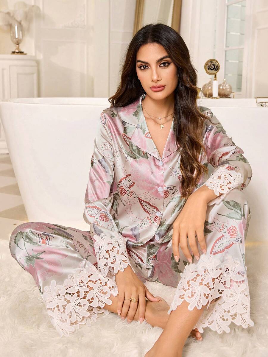 LuxeNights Floral Print Faux Silk Patchwork Water-Soluble Lace Trim Top And Pants Elegant Pajama Set - Multicolor - View 1