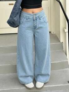 Dazy Plus Fashion Casual Colorblock Patchwork Waistband 3-Button Decor Loose Straight Leg Long Plus Size Women's Jeans All Seasons - Light Wash - View 8