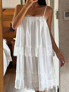 DAZY Romantic Vacation Contrast Color Lace Patchwork Layered Ruffle Strap Women's Nightgown - Beige - View 3