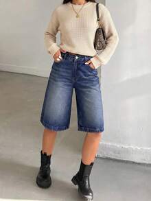 EURMUSE Lässige, Washed wirkende, weite Denim Shorts - Mittele Waschung - Übersicht 5
