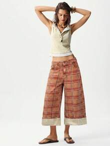 Bohemela BOHO 1960s 復古 70s 夏秋休閒梭織格紋印花寬鬆女款長褲 Y2K 灰色格紋，適合海灘、早午餐、度假、日常出遊 - 彩色 - 查看 7