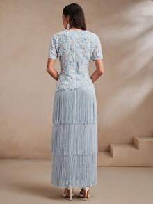 Anewsta Sommer Party Urlaub Mesh Applikation 3D Blumen Patchwork Mehrschichtig Quaste Blau Elegantes Kleid für Frauen, geeignet für Urlaub, Partys, Bankette - Blau - Übersicht 7