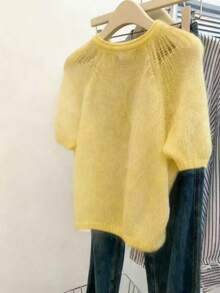 SHEIN 女士休闲黄色罗纹针织圆领短袖插肩袖常规纯色针织上衣 - 黃色 - 查看 2