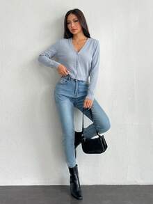 SHEIN PETITE 女款純色長袖單排扣休閒薄針織開襟衫 白色短版 秋冬款 - 灰色 - 查看 4