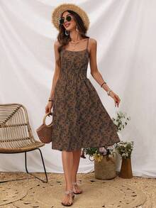 SHEIN LUNE Women's Fashion Floral Print Pleated Waist Cinch Spaghetti Strap Dress For Vacation - Brown - View 3