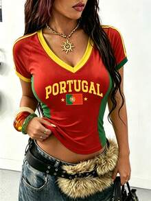INAWLY Women's Y2K Portugal Print Crop Top, Retro "PORTUGAL" Graphic T-Shirt, Perfect For Summer Beach, Casual Streetwear & Vacation Outfits - Multicolor - View 3