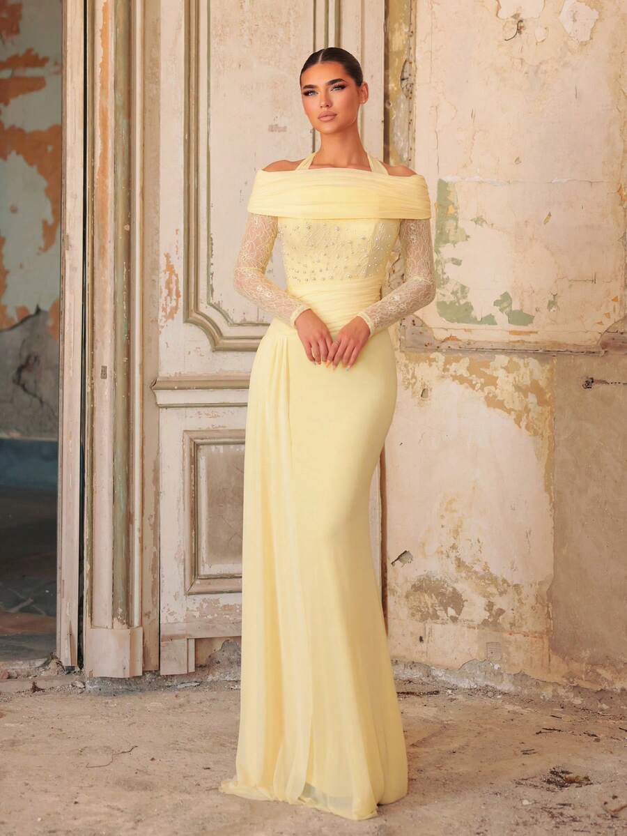 Aureia 優雅迷人淡黃色蕾絲長袖露肩掛脖珍珠綴飾抓褶魚尾緊身長禮服 正式婚禮賓客洋裝
