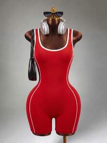 Mistrie Women Contrasting Color Trim Hollow Sleeveless Slim Fit Romper, Summer Sports - Red - View 5