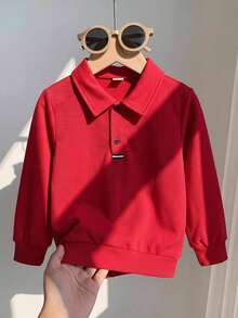 SHEIN 兒童小男孩舒適純色長袖 Polo 衫，返校季夏季職業日休閒穿搭，戶外校園街頭風派對，高質感 - 紅色 - 查看 5