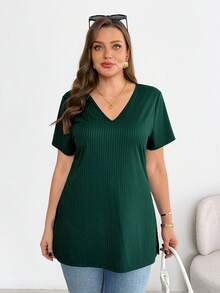 SHEIN Essnce 女款大尺碼V領短袖T恤 - 墨綠色 - 查看 4