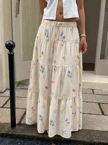 MainGRL Women's Floral Print Ruffled Drawstring Waist Casual Skirt For Vacation - White - View 5
