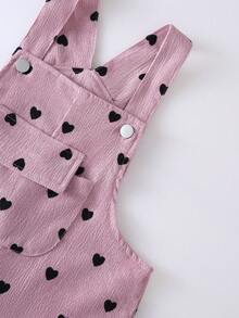 SHEIN Playful Pals 女嬰燈芯絨吊帶褲，四季皆宜，可愛風格，粉色搭配側面粉色蝴蝶結裝飾與黑色愛心印花，寬鬆直筒褲腿連身褲，柔軟舒適，適合上學、通勤、日常外出 - 粉色 - 查看 4