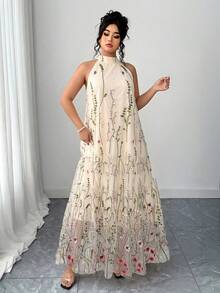 Elenzga Damen Große Größen gewebtes elegantes mintgrünes Kleid mit schwerer Stickerei, Neckholder, Mori-Stil, Mesh-Volumenrock, ärmellos, Feen-Urlaubskleid - Verschiedenfarbig - Übersicht 5