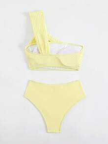 Swim Mod 女款夏季海灘純色單肩比基尼上衣與三角褲兩件式泳衣套裝 - 黃色 - 查看 4