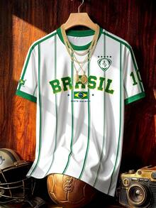 Aesthetic Post Men's Brazil Flag Graphic Short Sleeve Jersey, Number 10 Printed Fan Casual Tee, Ideal For Game Watch Parties, Weekend Strolls, Holiday - Multicolor - View 5