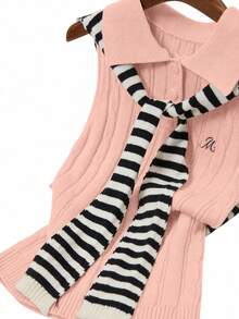 Everyssa New European & American Fashion Mixed Color Versatile Knit Top Sweater Dress - Pink - View 6