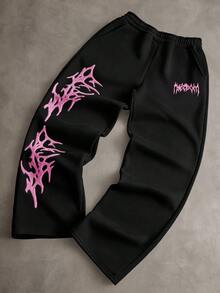 PAVTROS 男士街頭風熱銷深色街頭刺繡 3D 刺繡日常穿搭百搭男友丈夫禮物週年紀念禮品粉色運動長褲 - 黑色 - 查看 2