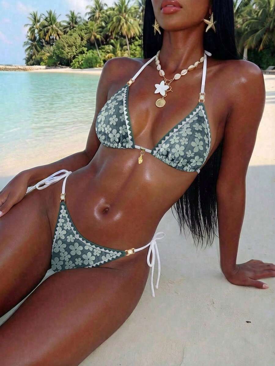 Vaytide Spring/Summer New Women's Two-Piece Beach Bikini Sexy Swimsuit Set With Floral Ruffle Design, Cute And Sweet - Green - View 1
