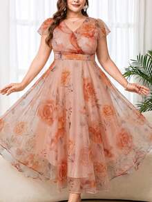 Reflora 大码女士优雅印花连衣裙，夏季婚礼宾客礼服 - 珊瑚粉 - 查看 3