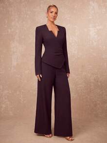 Lumalex Deep Plum Wrap Blazer With Notched Square Neck Asymmetric Front Ruched Waist Back Waist Tie Long Sleeves Tailored Suit Jacket Autumn Work Style - Burgundy - View 4
