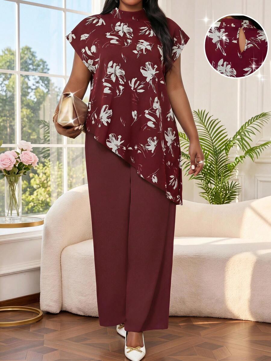 SHEIN Lady 大码不对称下摆宽松短袖上衣和阔腿裤两件套 - 彩色 - 查看 1
