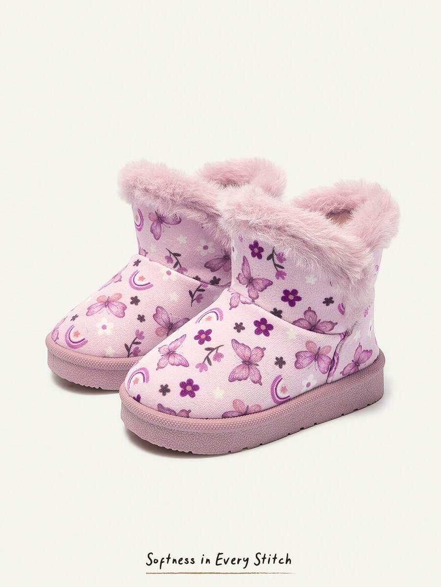Cozy Pixies 女童粉色蝴蝶可愛毛絨時尚甜美舒適保暖休閒易穿雪地靴冬季童趣百搭 - 粉色 - 查看 1