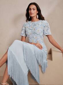 Anewsta Sommer Party Urlaub Mesh Applikation 3D Blumen Patchwork Mehrschichtig Quaste Blau Elegantes Kleid für Frauen, geeignet für Urlaub, Partys, Bankette - Blau - Übersicht 3