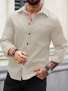 Manfinity Homme Men Spring Casual Solid Color Long Sleeve Shirt, Fall, Formal - Apricot - View 5