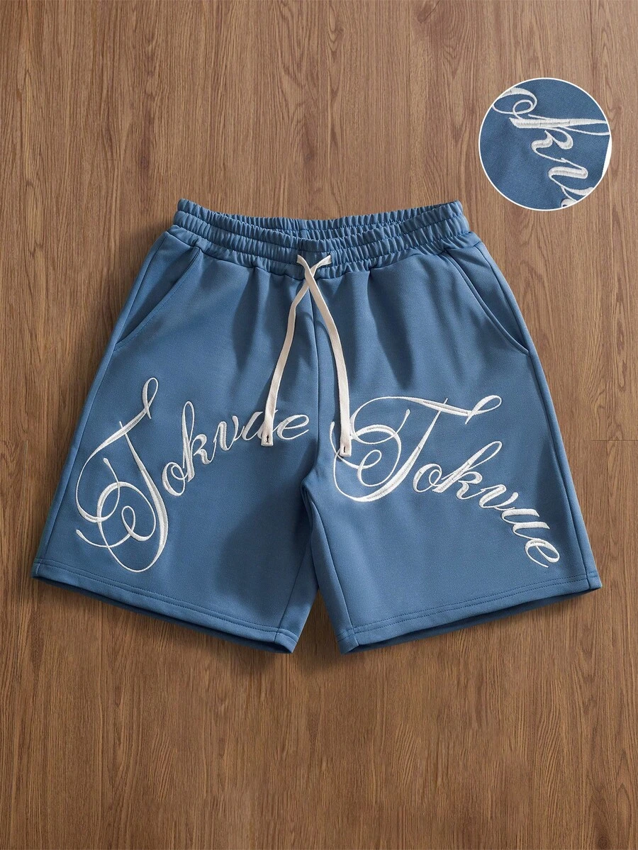 TOKVUE Pantalones cortos casuales para hombre con cintura con cordón y bordado de letras - Azul - Ver 1