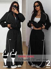 SHEIN PETITE CURVE Plus Size Women's Contrast Color Zipper Long Sleeve Top And Pants Casual Everyday 2 Pieces Set - Black - View 10