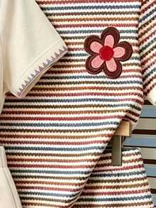 (Patrón Aleatorio, 1 Set Aleatorio) Conjunto de Camiseta Corta Básica y Pantalones Cortos con Estampado de Rayas Coloridas, Flores y Limones Minimalista de Moda para Niñas, Atuendo Diario de Verano - Multicolor - Ver 3
