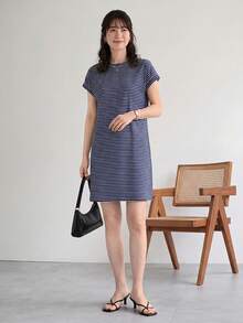 SHEIN LUNE 條紋印花口袋細節T恤連衣裙 - 藏蓝色 - 查看 3