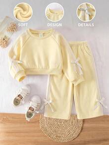 SHEIN 2 pièces Ensemble sweat-shirt à nœud tricoté et leggings de couleur unie pour bébé fille - Jaune citron - Voir 3