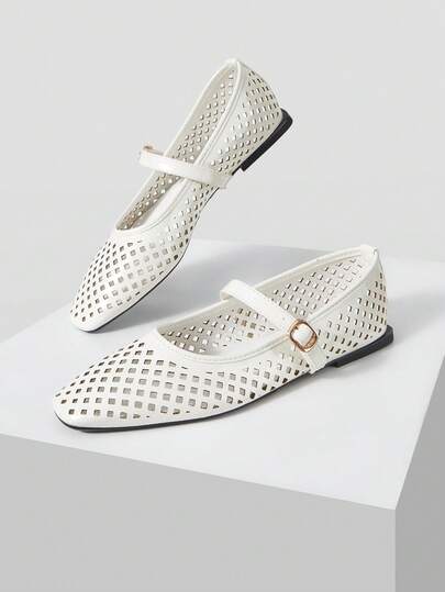 Mnmlis Ladies' Fashionable White Rhombus Hollow Versatile Comfortable Small Square Toe Flat Sole Shoes, Suitable For Commuting, Parties, Summer Vacations