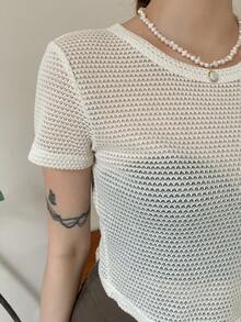 DAZY Solid Sheer Crop Top Going Out Tops - Beige - View 3