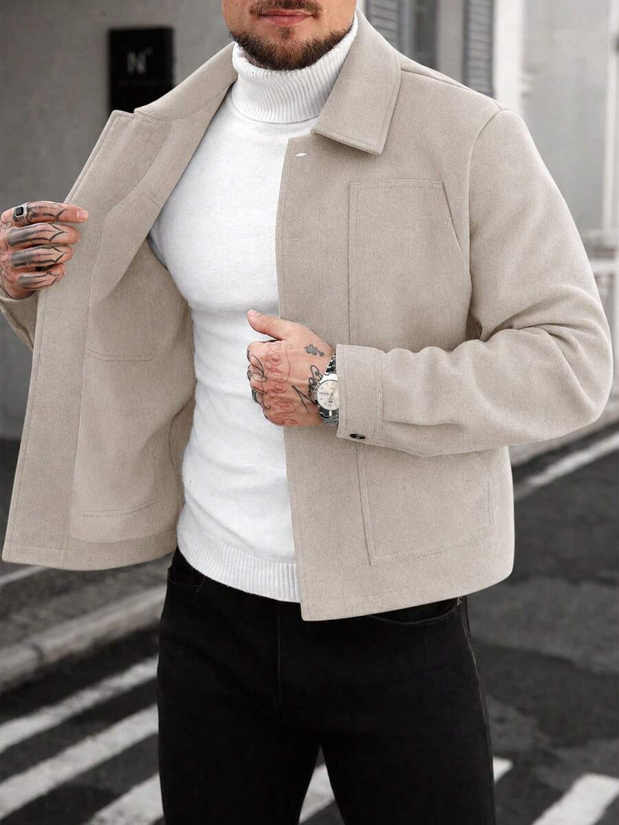 Manfinity Homme Jaket Wol Abu-abu Pria Berkerah Kancing Depan, Potongan Reguler Pendek, Warna Krem, Musim Gugur, Kasual Rapi, Kantor, Hadiah Natal - Aprikot - View 1
