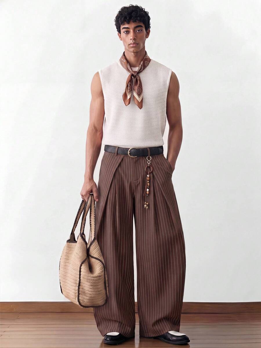 NORVETH Men's Striped Pleated Wide Leg Loose Casual Long Pants - Coffee Brown - View 1