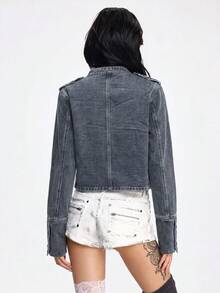 ROMWE Grunge Punk Chaqueta ligera de denim lavado desgastado con hebilla de metal vintage estilo náutico punk - Azul - Ver 2