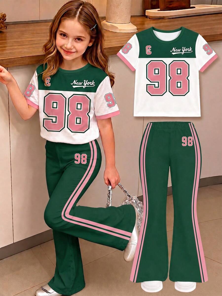 少女 T-shirt 套裝,美式復古運動造型,98 號印花短袖 + 粉色滾邊喇叭褲,甜酷休閒,舒適百搭 - 彩色 - 查看 1
