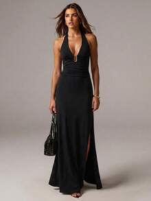 Avenya Vestido ajustado de unicolor con escote halter y espalda descubierta con abertura - Negro - Ver 7