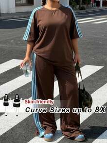 SHEIN CURVE+ Plus Size Women Light Blue Round Neck Short Sleeve T-Shirt And Pants Casual 2 Pieces Set Vacation Summer - Brown - View 2