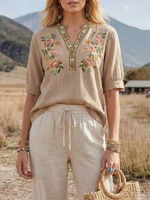 Wildy BOHO Lässig Western Country Nomad Damen Sommer Alltag Basic Outfit Bestickte Kurzarm Bluse für Ausflüge und Pendeln - Aprikosenfarben - Übersicht 4